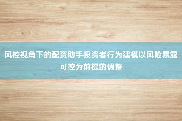 风控视角下的配资助手投资者行为建模以风险暴露可控为前提的调整